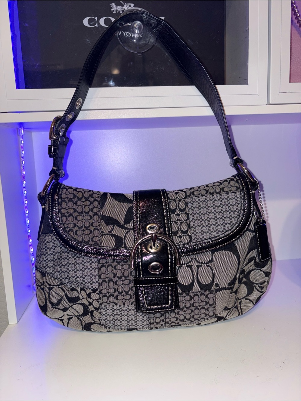 Coach Black and Gray Signature Patchwork Shoulder Bag